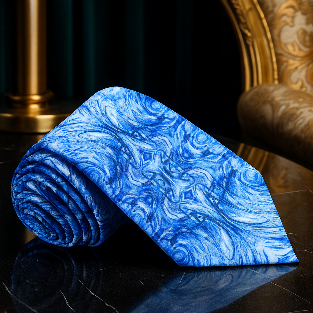 Blue marbled tie on a dark surface with a blurred background