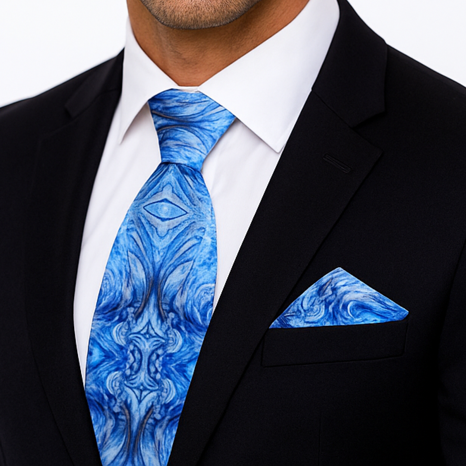 White & Blue Abstract Swirl Necktie | Modern Formal Style
