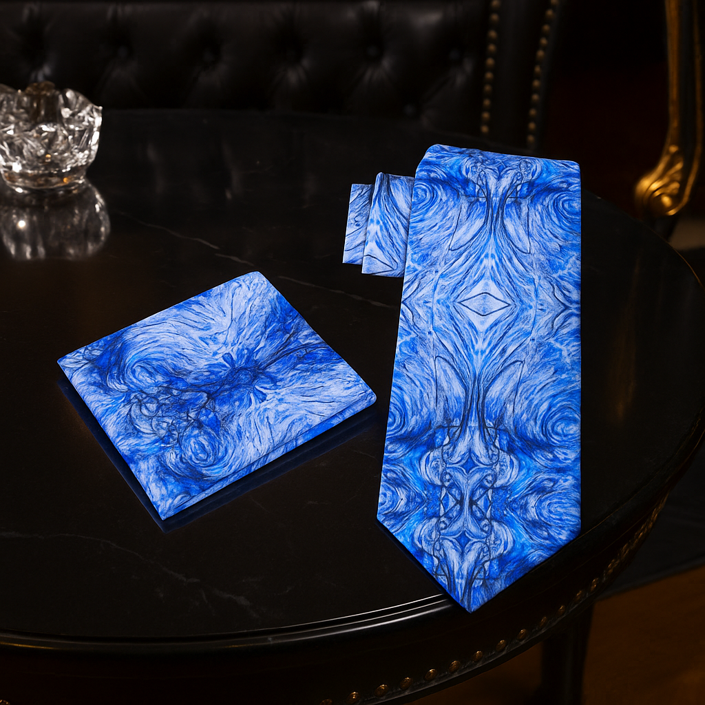 Blue marbled tie and pocket square on a dark surface