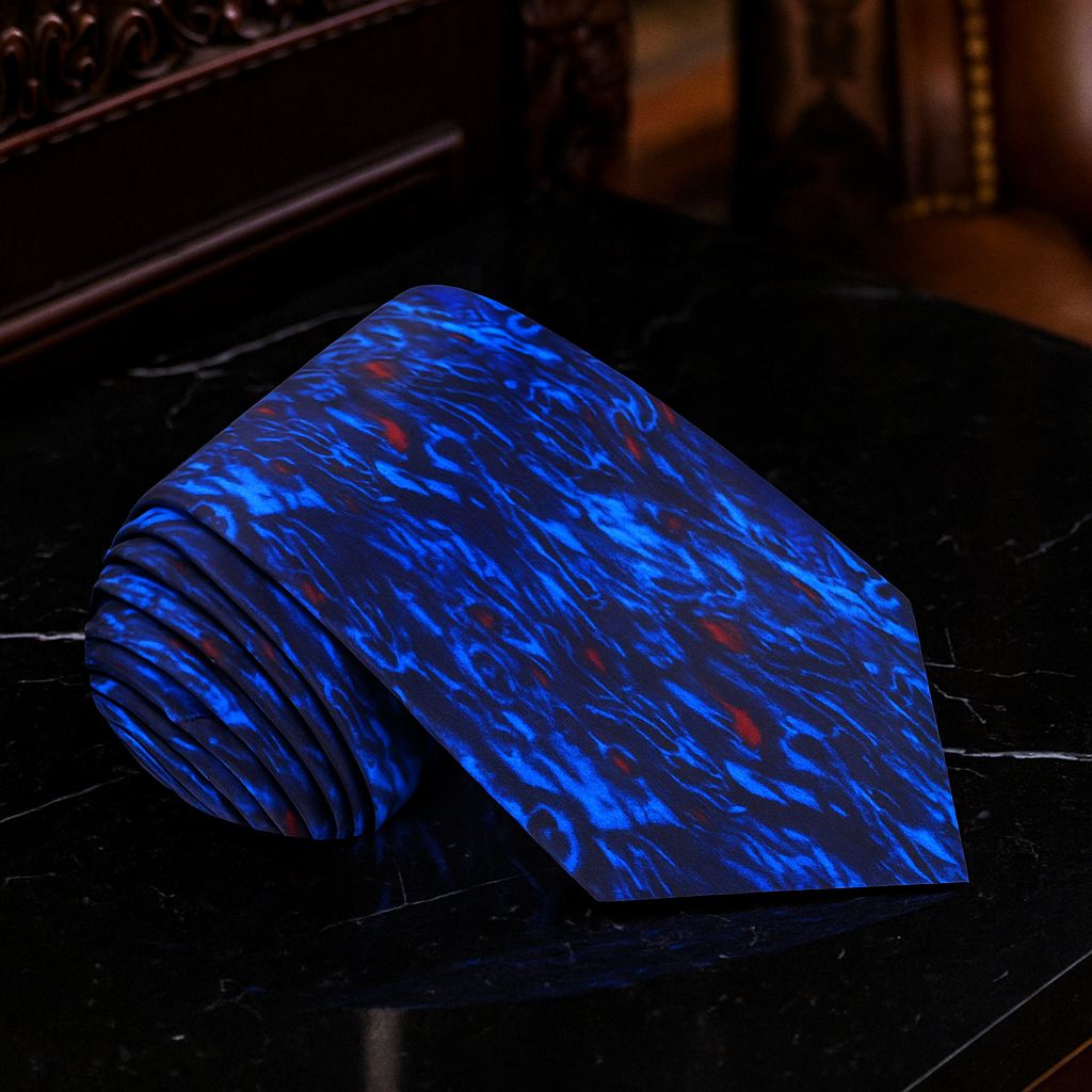 Blue tie with a pattern on a dark surface