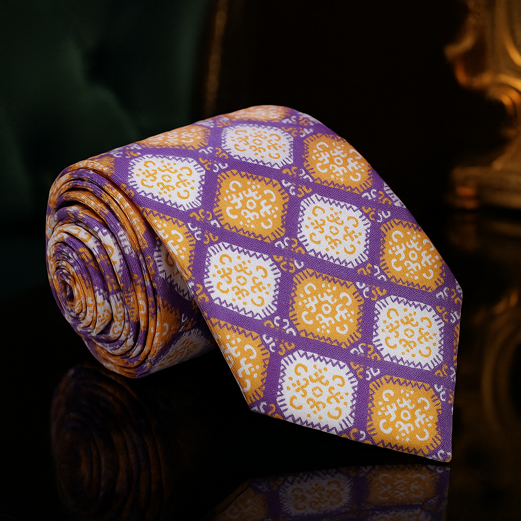 An Orange, Purple, Cream Color Abstract Geometric Diamond Shape Tie  