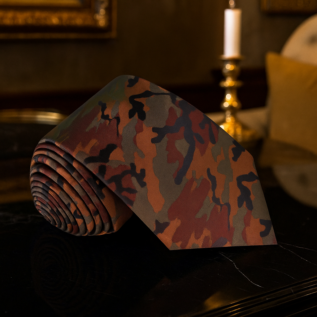 Rolled-up camouflage-patterned fabric on a dark surface with a candle and decorative item in the background.