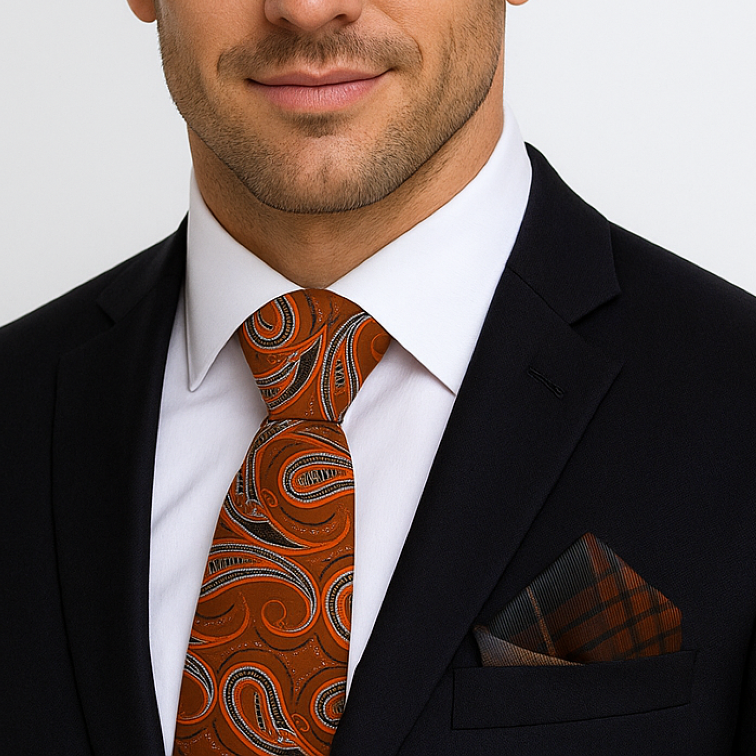 Man wearing a black suit with a white shirt and patterned tie and pocket square.