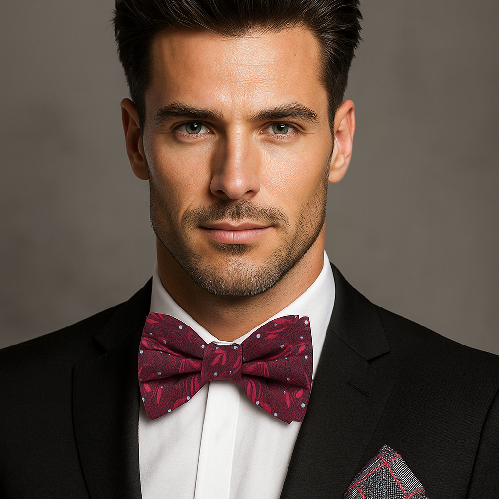 Man wearing a black suit with a red bow tie against a gray background