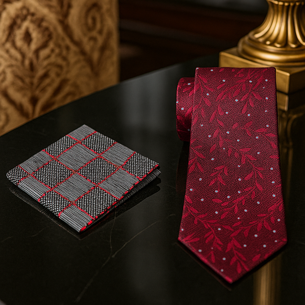 Alt View: Deep Red Vines Necktie with Accenting Pocket Square