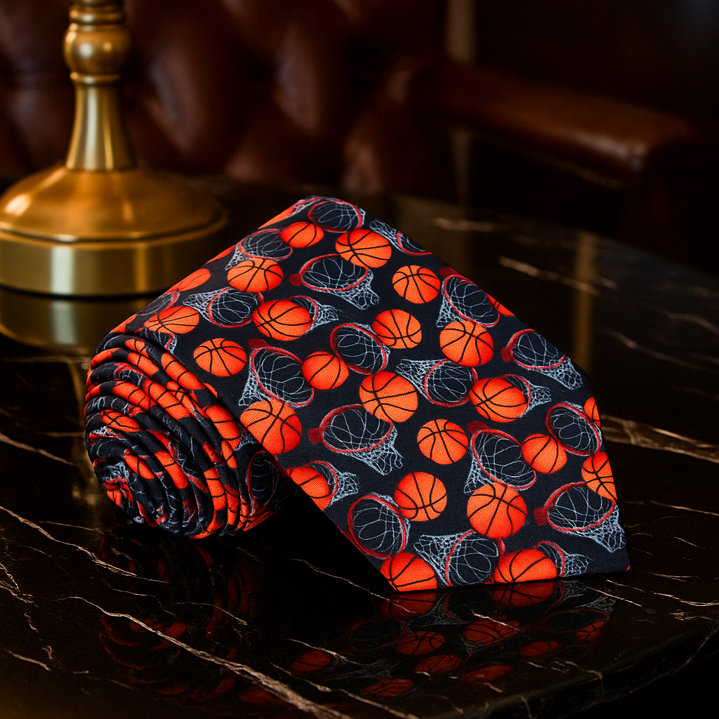 Single Tie: Black, Orange and White Basketball Themed Tie 