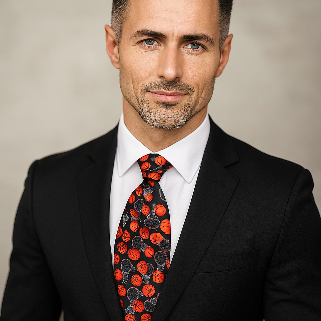 Man wearing a black suit with a patterned tie against a neutral background