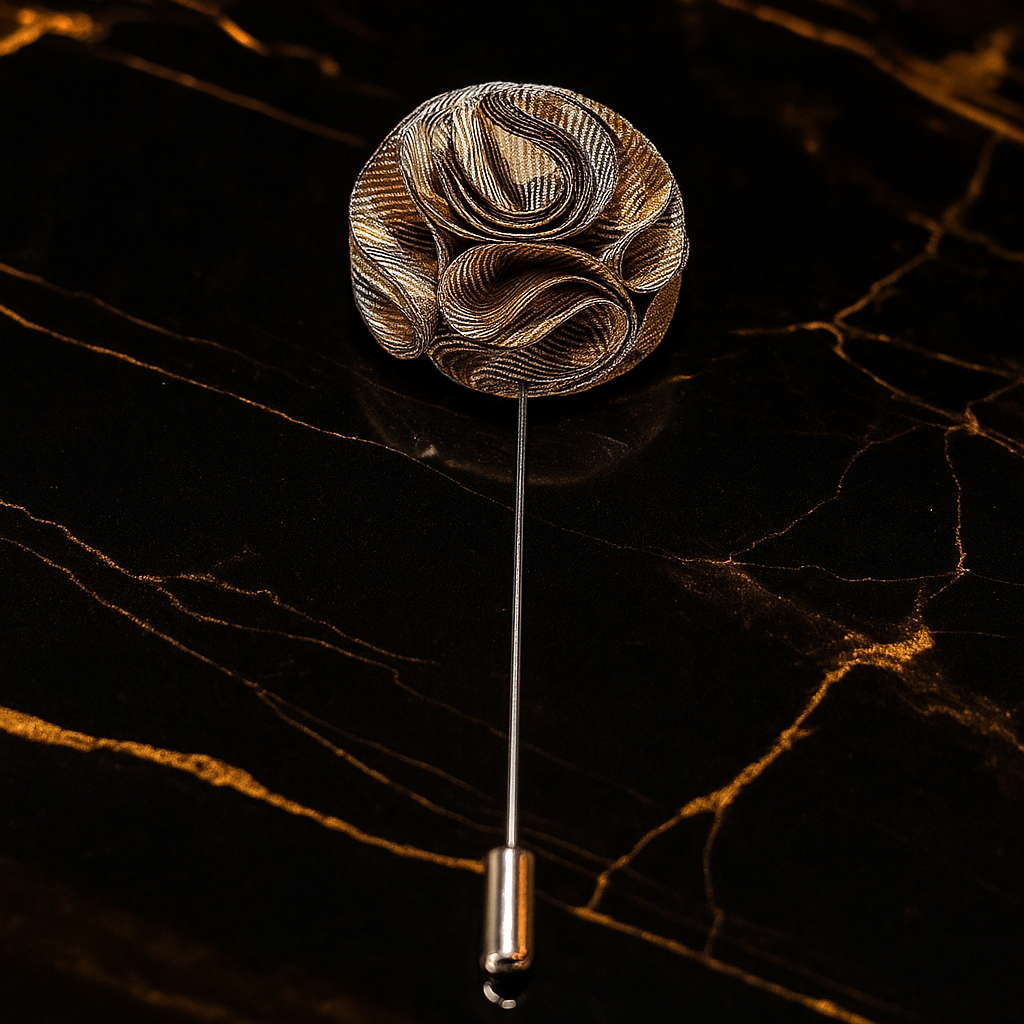 Decorative lapel pin on a dark marble background