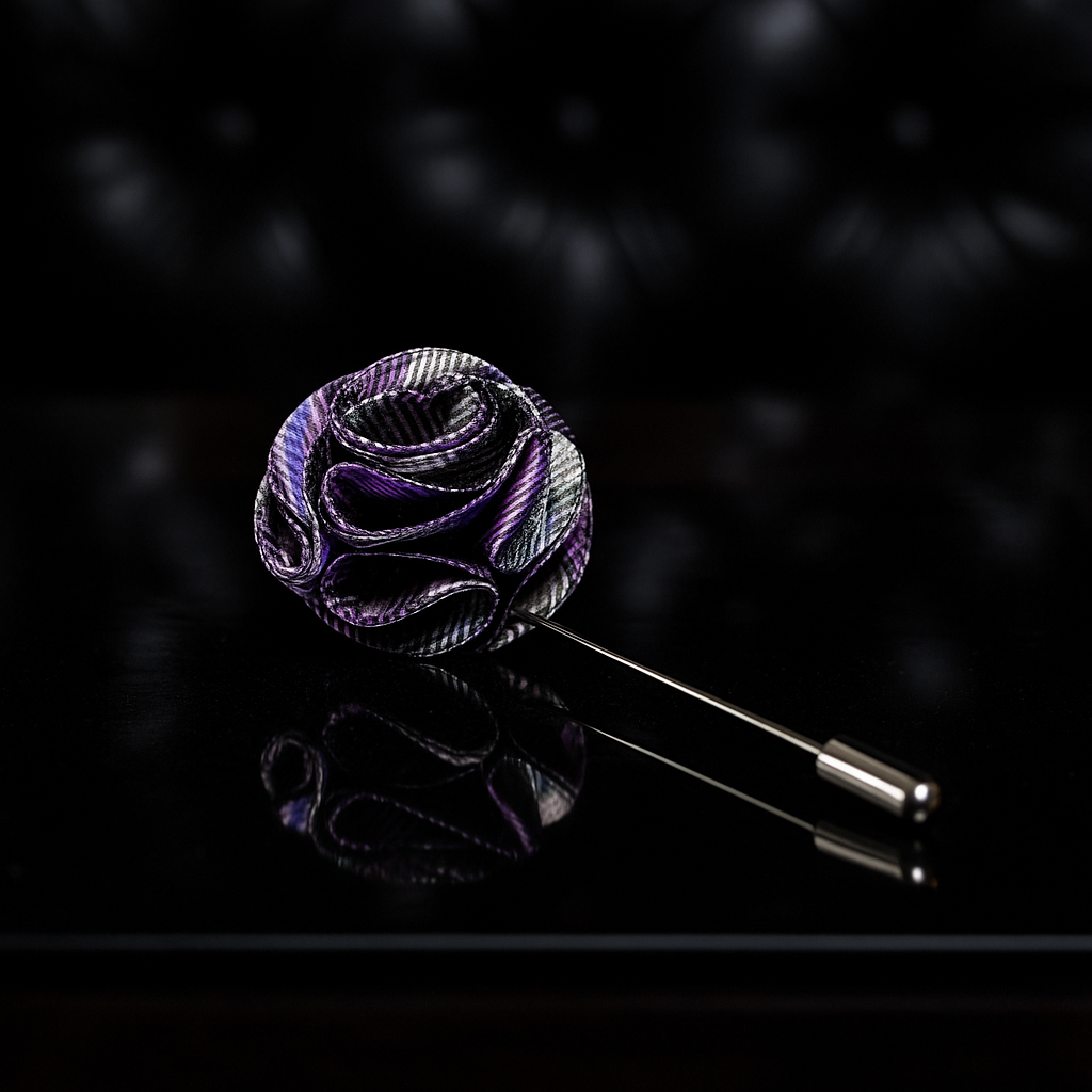 Purple rose-shaped lapel pin on a black background