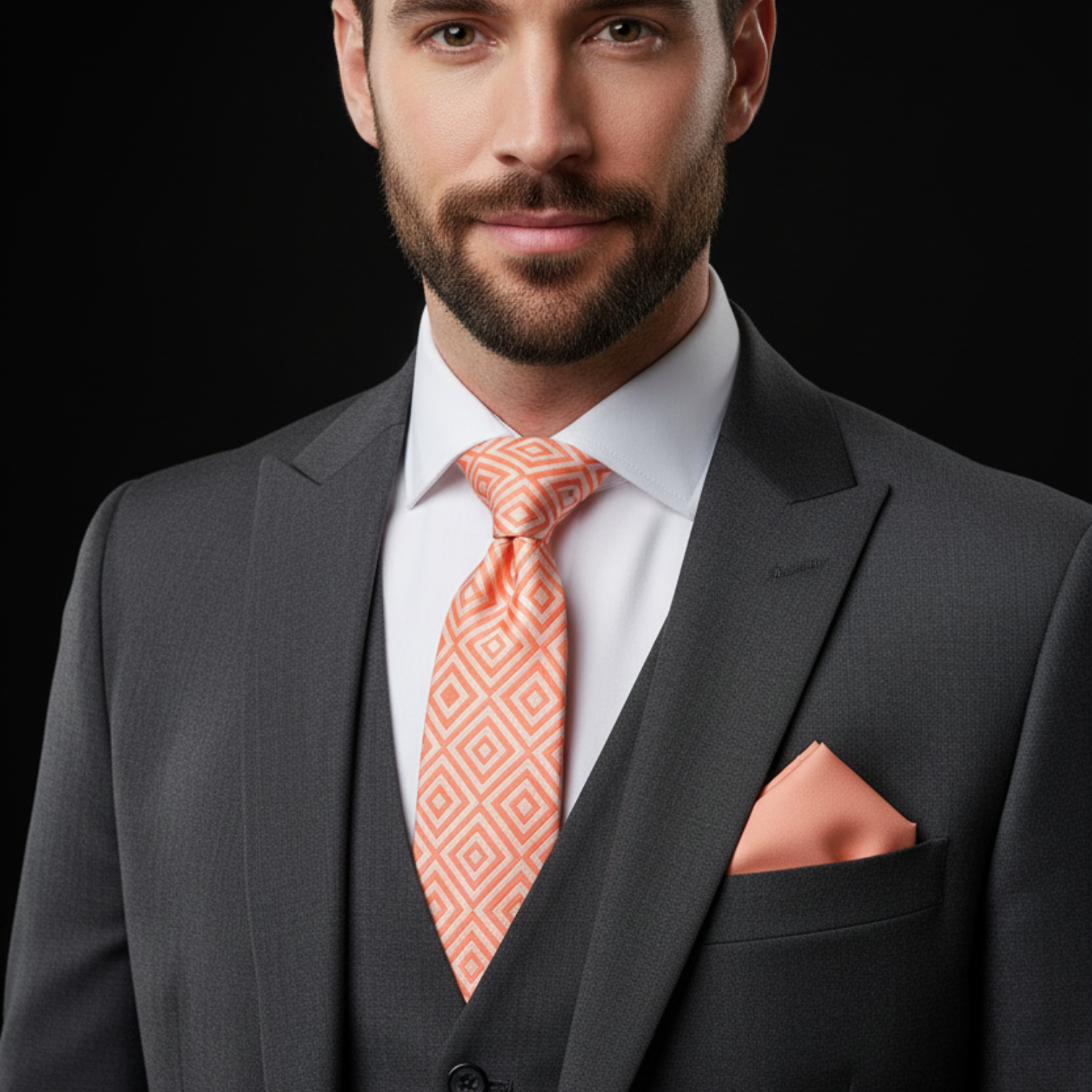 Man wearing salmon geometric tie and salmon square