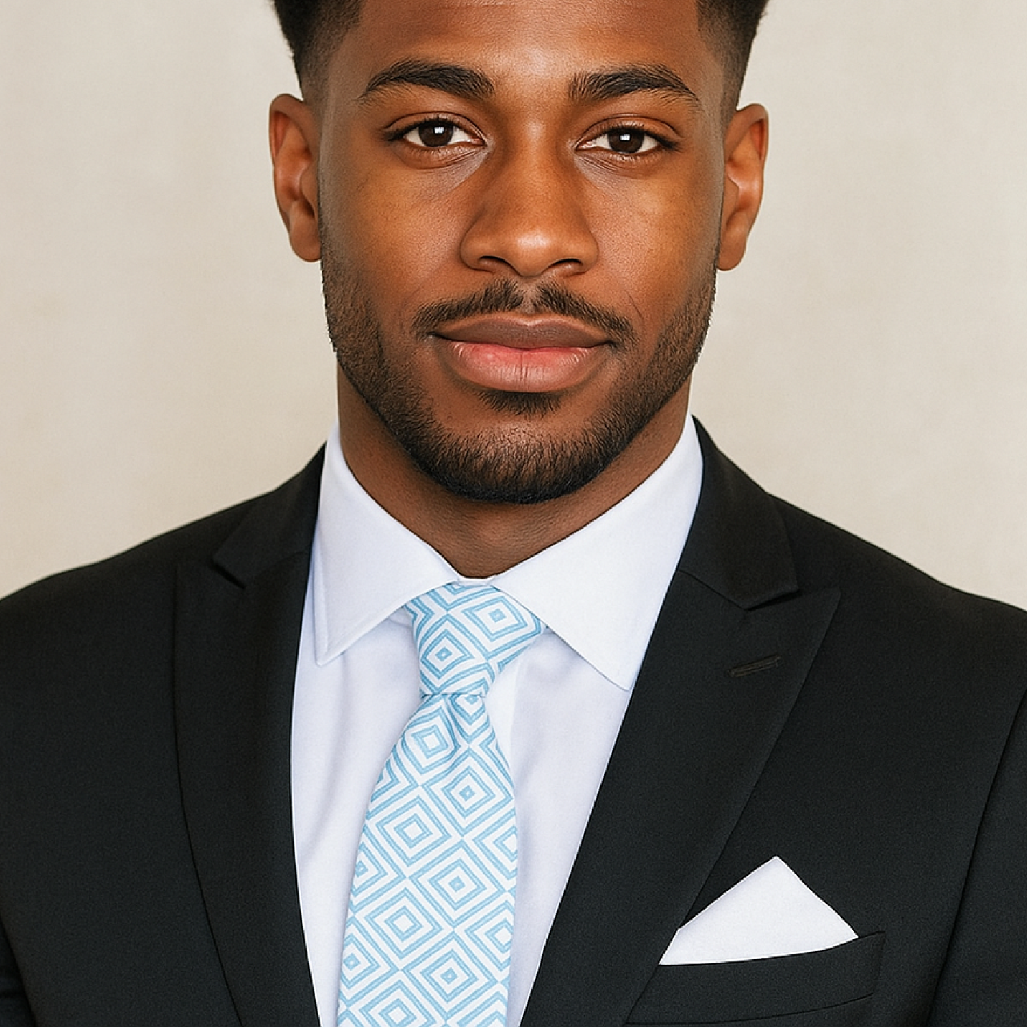 Man wearing a black suit with a white shirt and blue patterned tie against a beige background