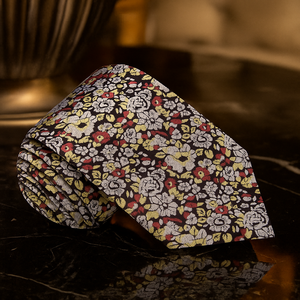 Floral patterned tie on a dark background