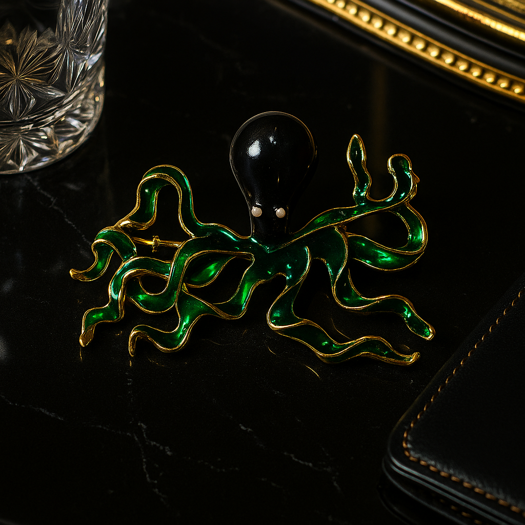 Green and gold brooch on a black surface with a glass object in the corner