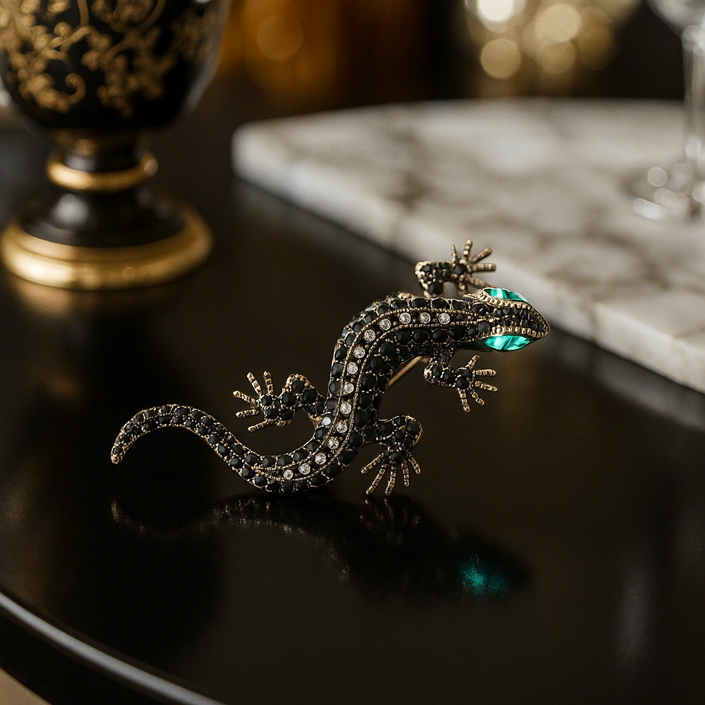 Decorative lizard brooch with gemstones on a dark surface