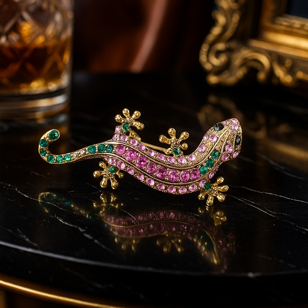 Decorative lizard brooch with gemstones on a reflective surface
