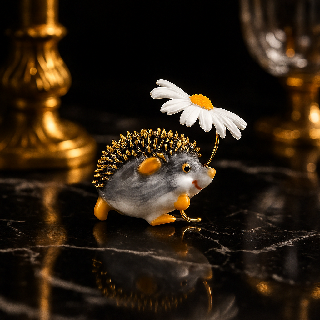 Decorative figurine of a hedgehog with a flower on a dark surface