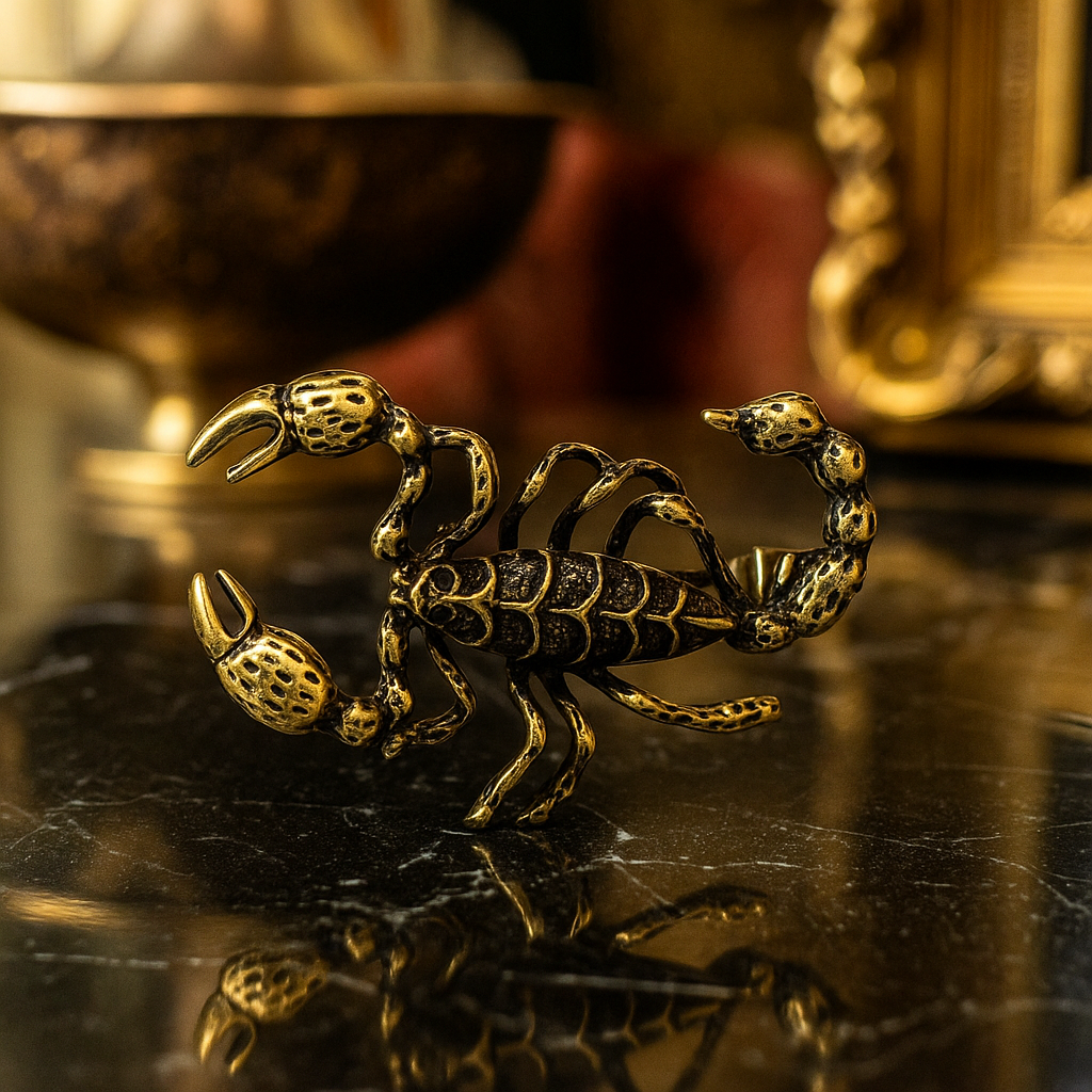 Gold scorpion figurine on a reflective surface with a blurred background