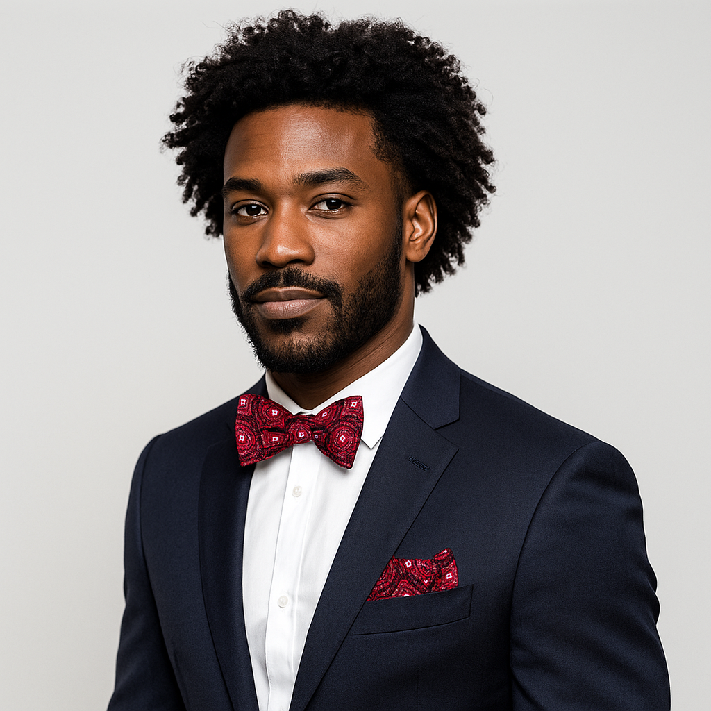 Man wearing a navy suit with a red bow tie and pocket square on a light gray background