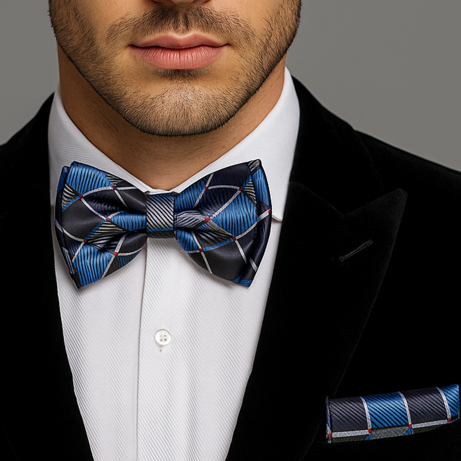 Blue, Grey & Black Geometric Squares Bow Tie | Modern Formal Style