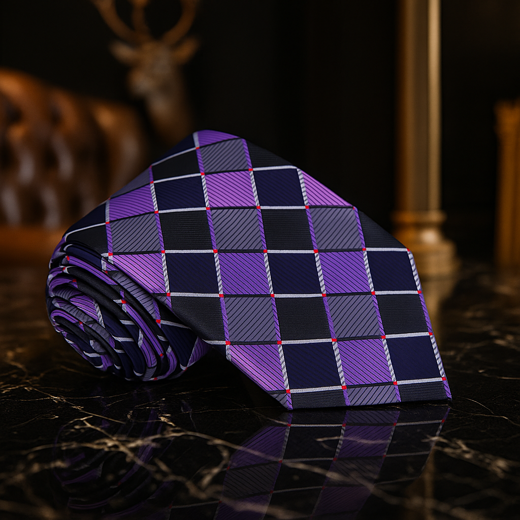 Purple and black checkered tie on a reflective surface with a dark background