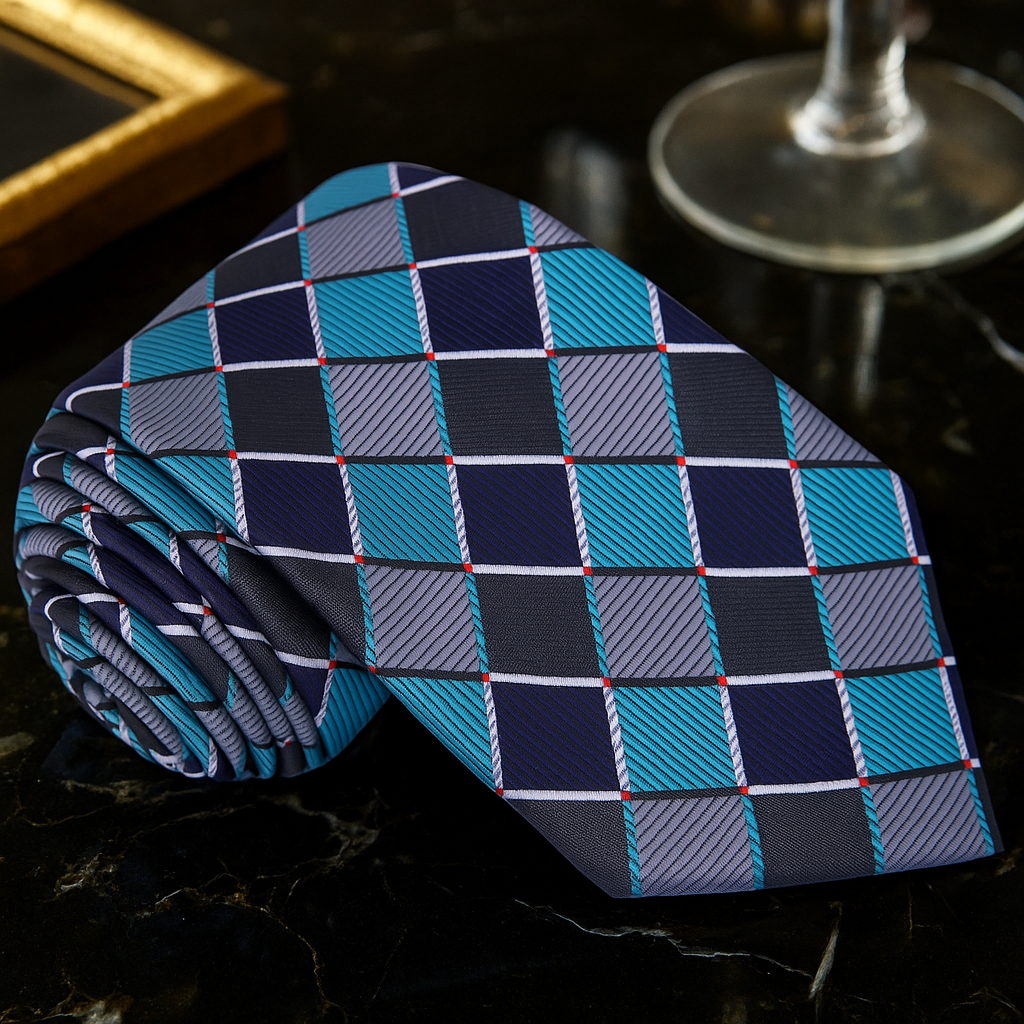 Checkered tie with blue and black pattern on a dark surface