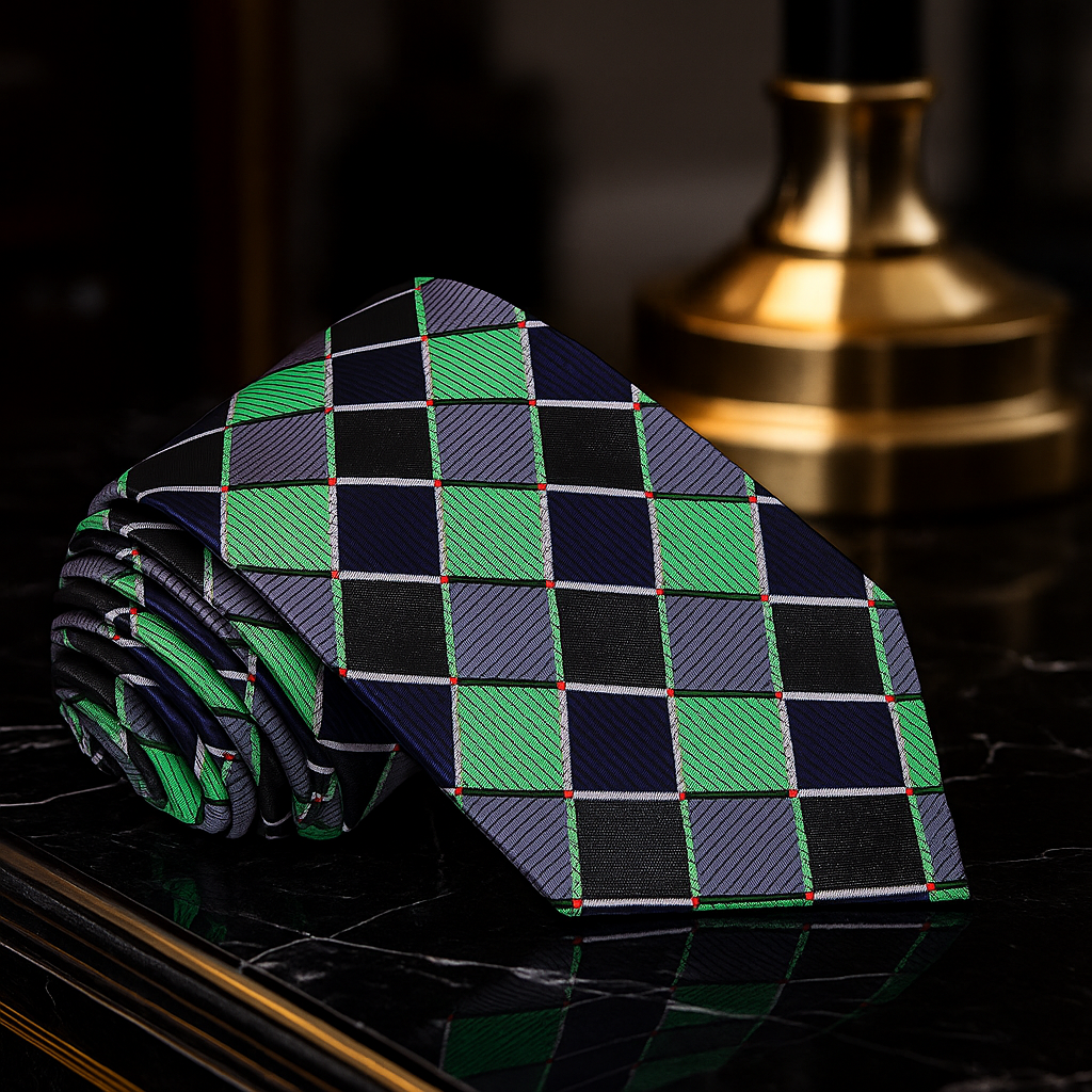 Folded checkered tie with green, blue, and black pattern on a reflective surface.
