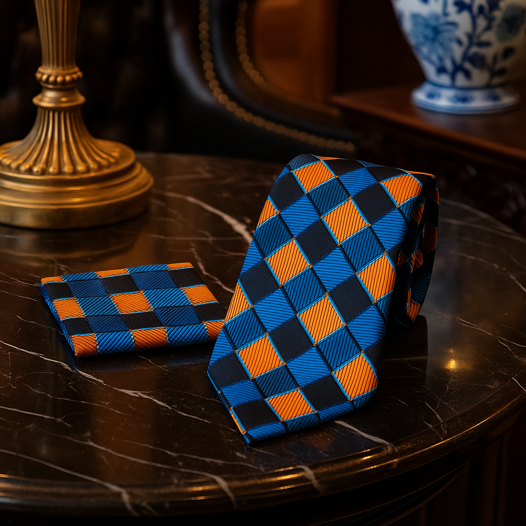 Blue and orange checkered tie and pocket square on a dark surface with decorative background
