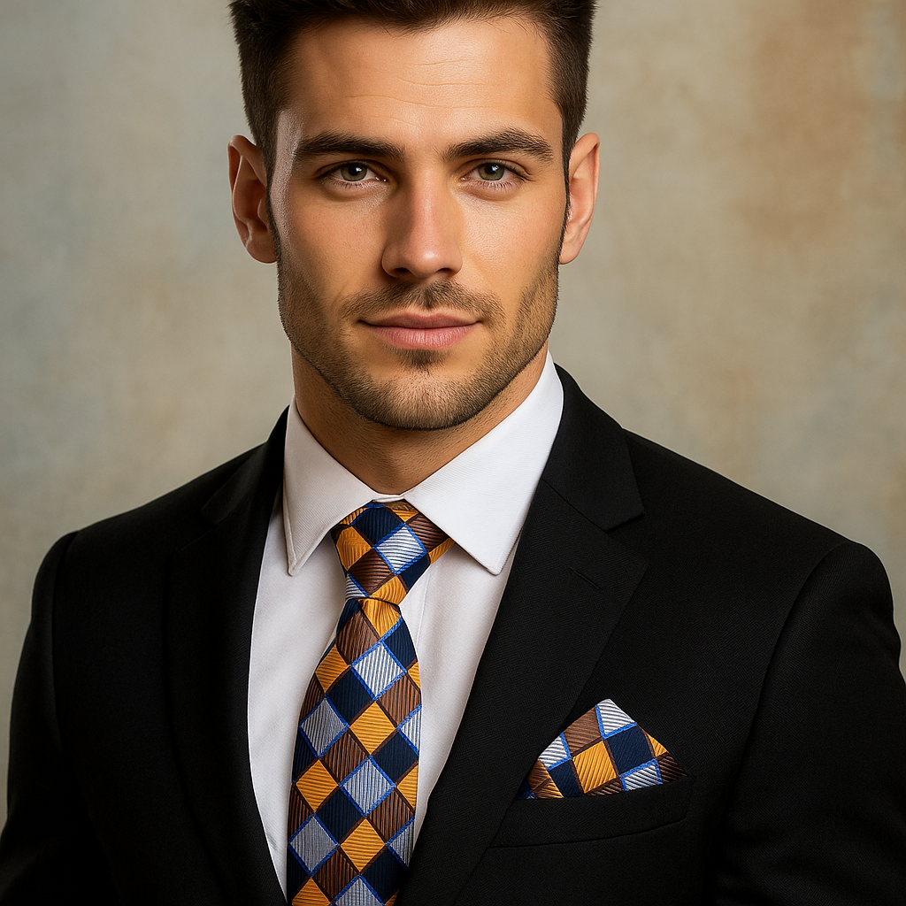 Man wearing a black suit with a patterned tie and pocket square against a neutral background