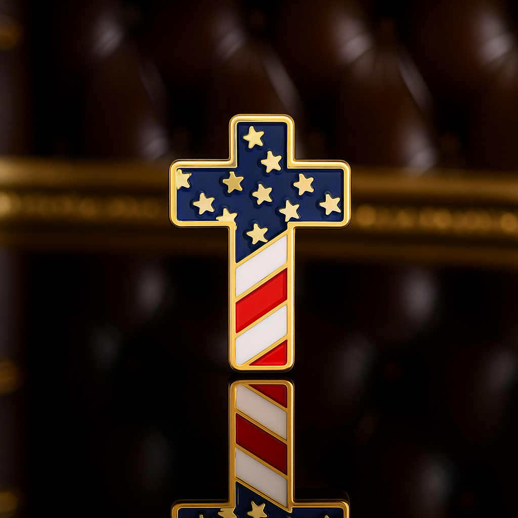 Cross-shaped object with American flag design on a dark background