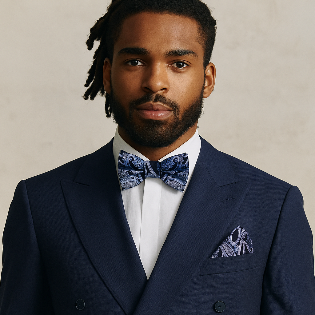 Man wearing a navy suit with a patterned bow tie and pocket square against a beige background