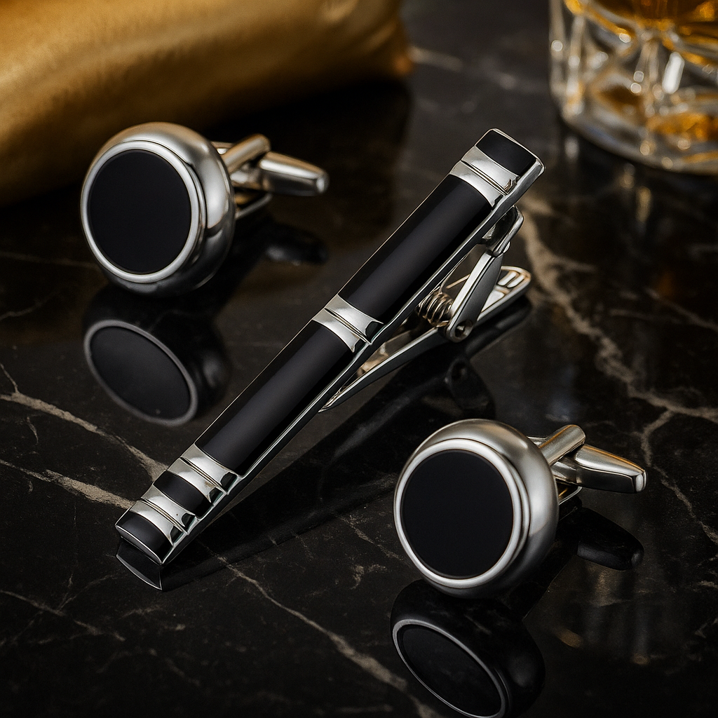 Chrome & Black Tie Bar and Cufflinks Set