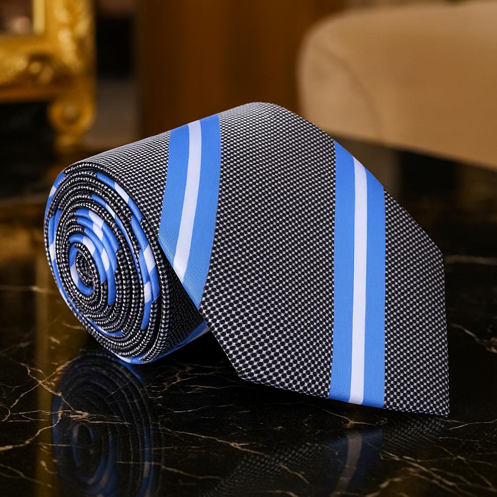 Grey, Blue, White Stripe Necktie