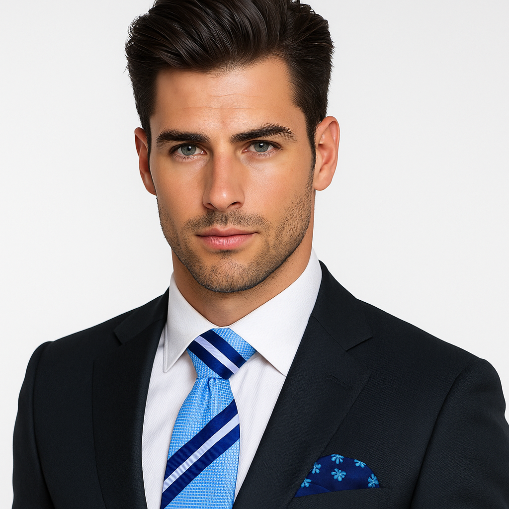 Man wearing a black suit with a blue striped tie and pocket square on a light gray background