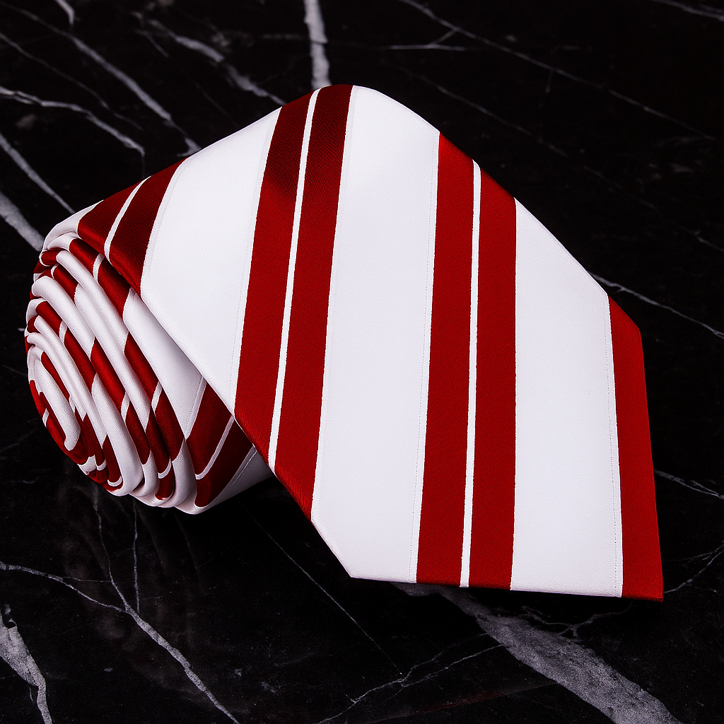 White and Red Stripe Tie on Black Marble