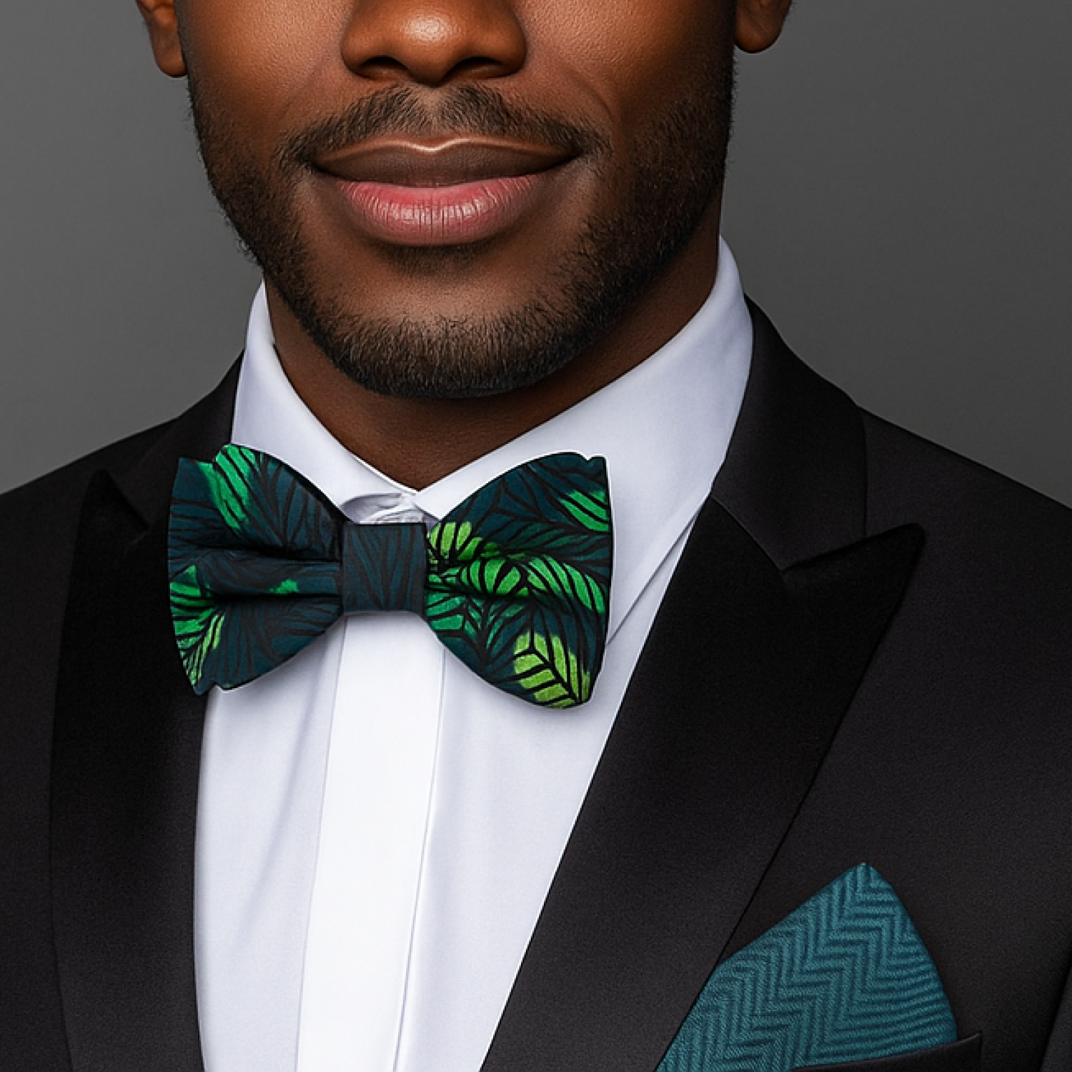 Man wearing a black tuxedo with a green leaf-patterned bow tie against a gray background