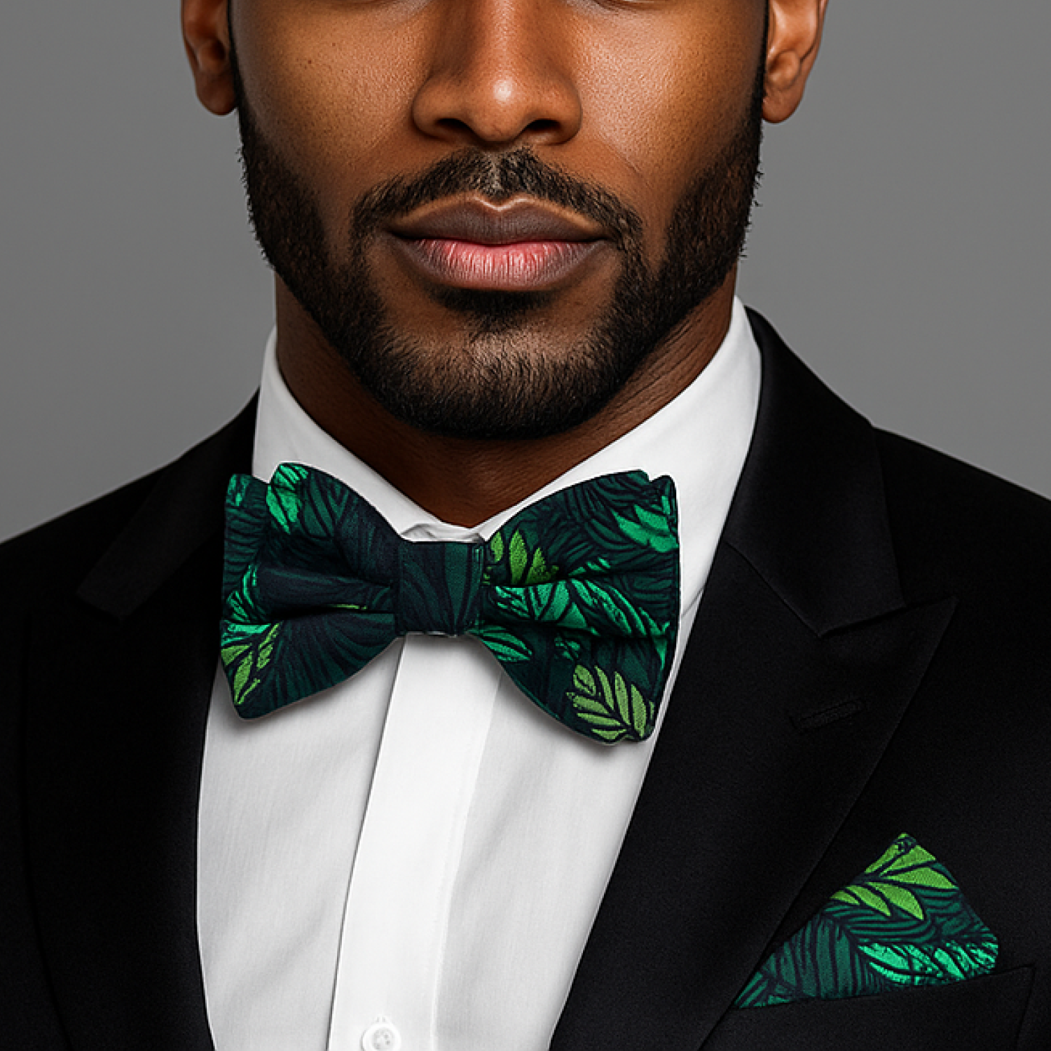 Man wearing a black suit with a green patterned bow tie and pocket square against a gray background