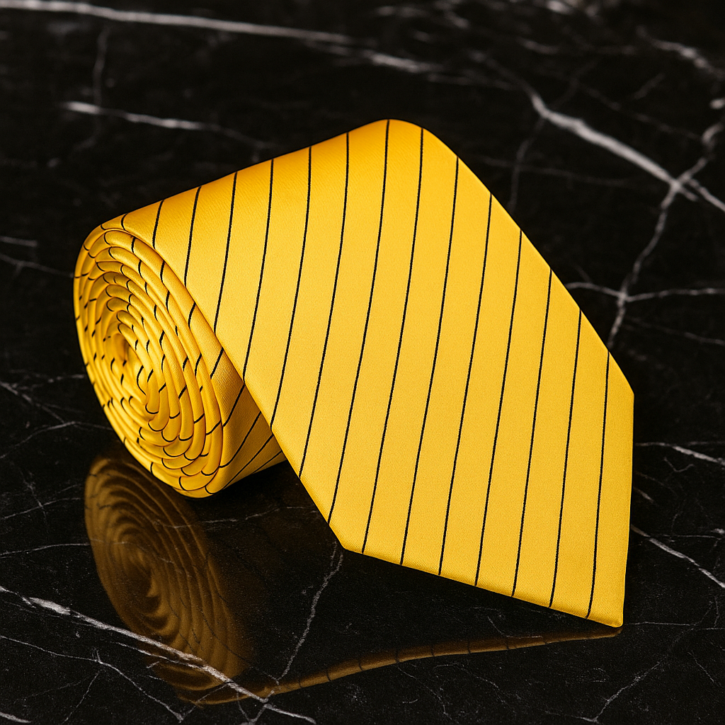 Yellow tie with black stripes on a black marble surface