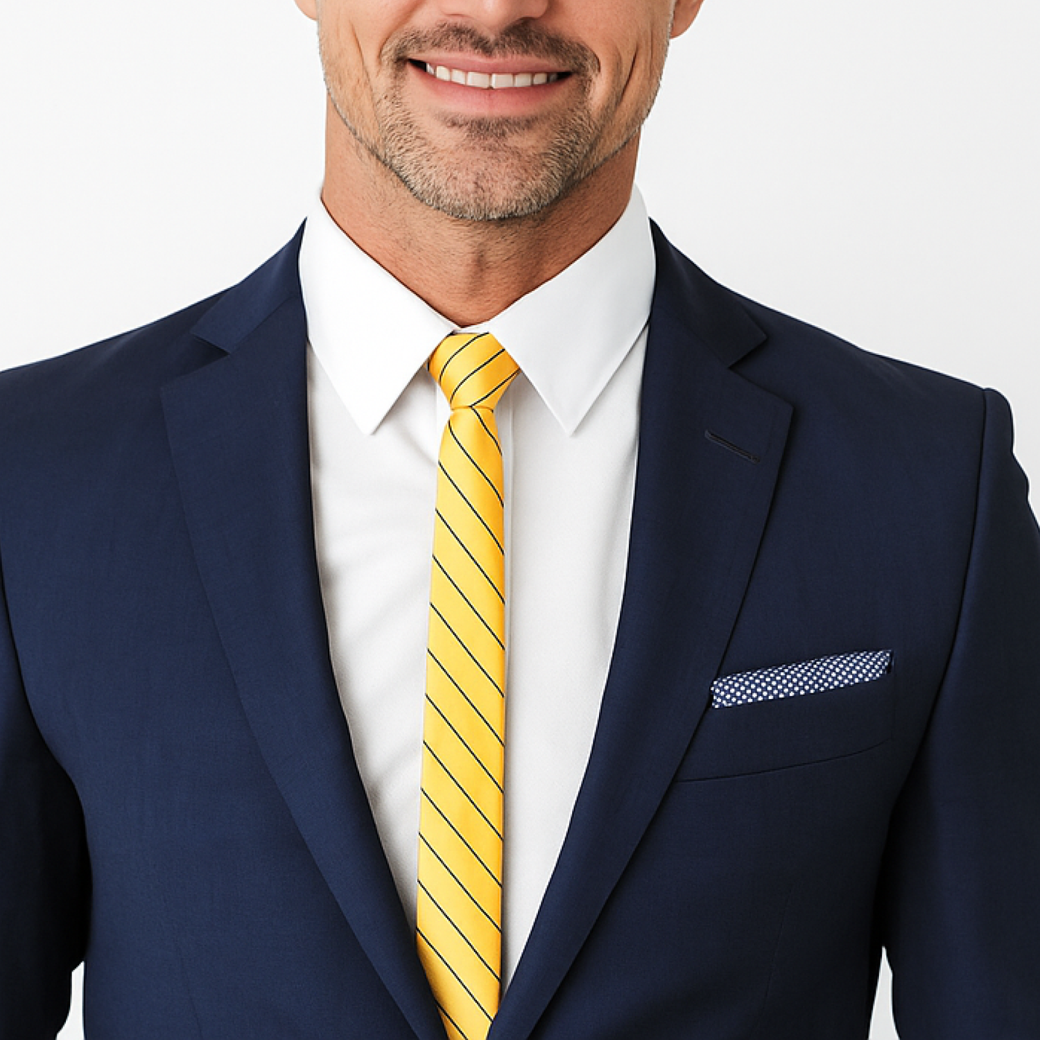 Man wearing a navy suit with a yellow striped tie and white shirt on a light gray background