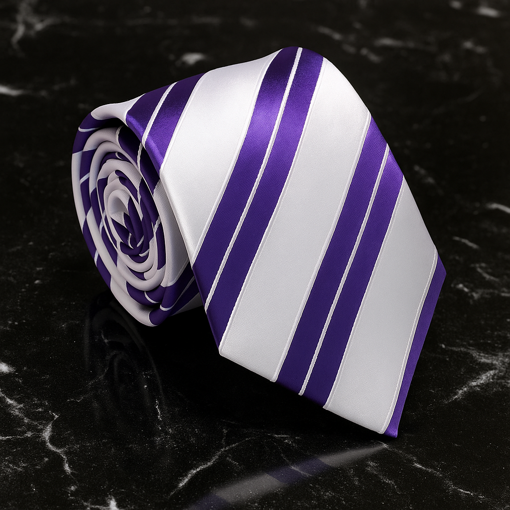 Purple and white striped tie on a dark marble surface