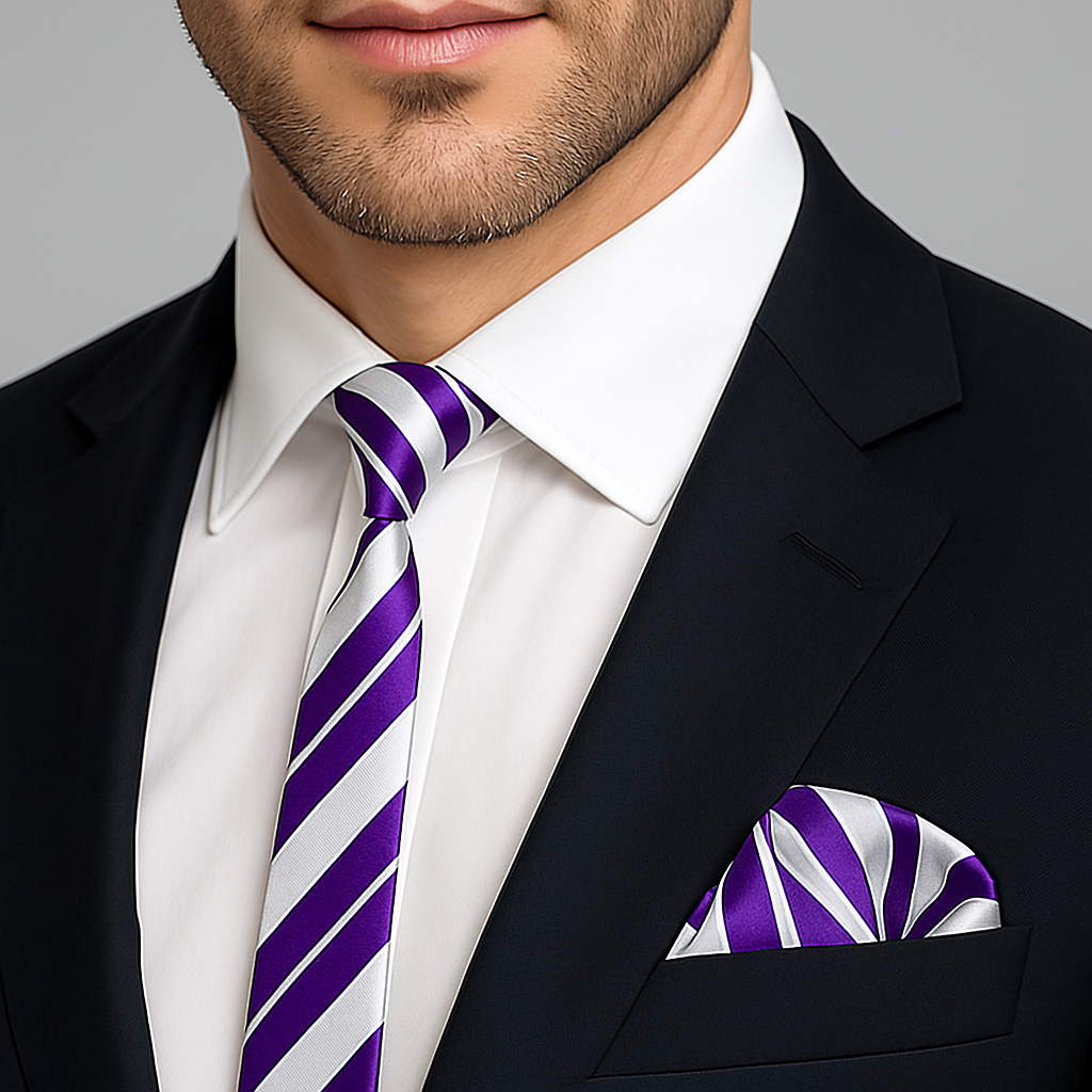 Man wearing a black suit with a white shirt, purple and white striped thin tie, and matching pocket square.