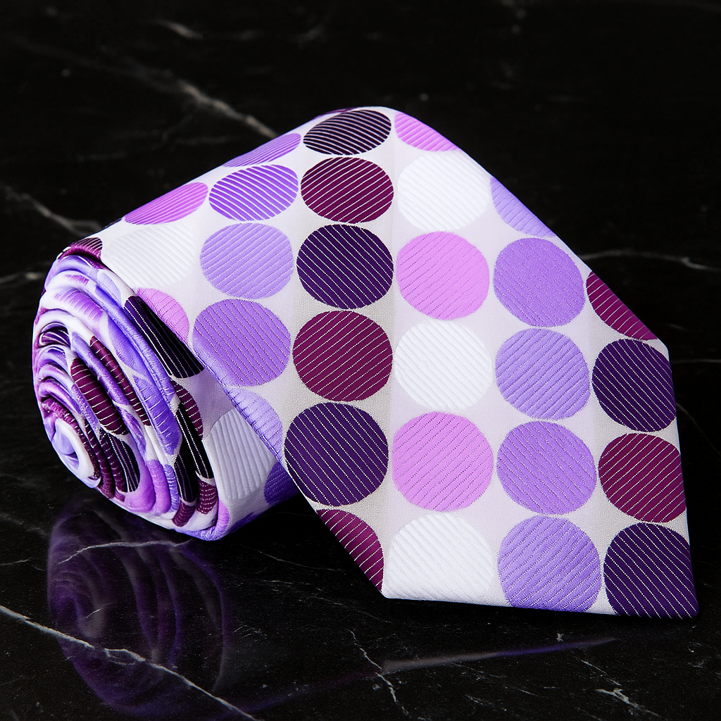 Folded purple and white polka dot tie on a dark reflective surface