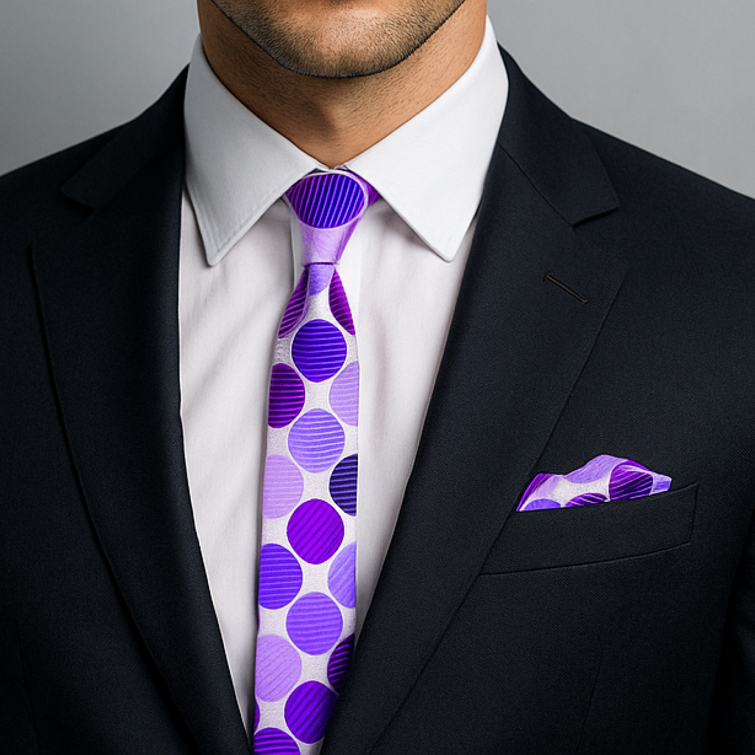 Man wearing a black suit with a white shirt, purple polka dot tie, and matching pocket square.