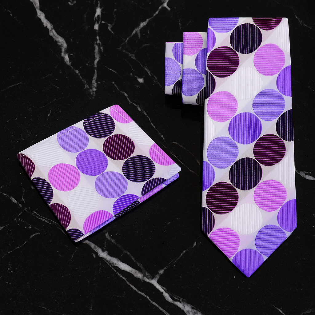 Purple and black polka dot tie set on a dark marble surface