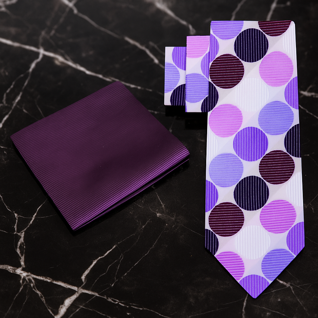 Purple patterned tie and pocket square on a black marble surface