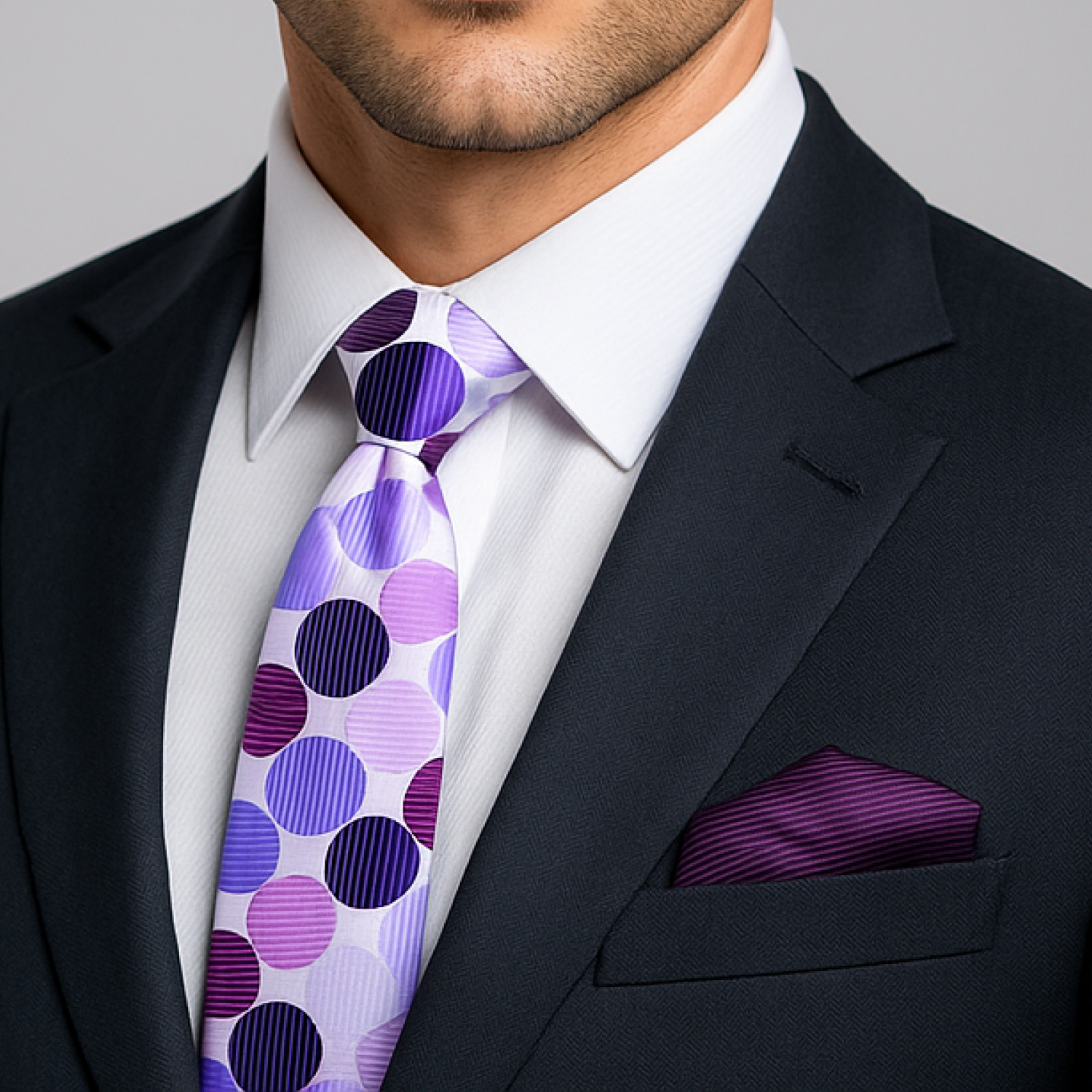 Man wearing a black suit with a white shirt, purple polka dot tie, and purple pocket square.