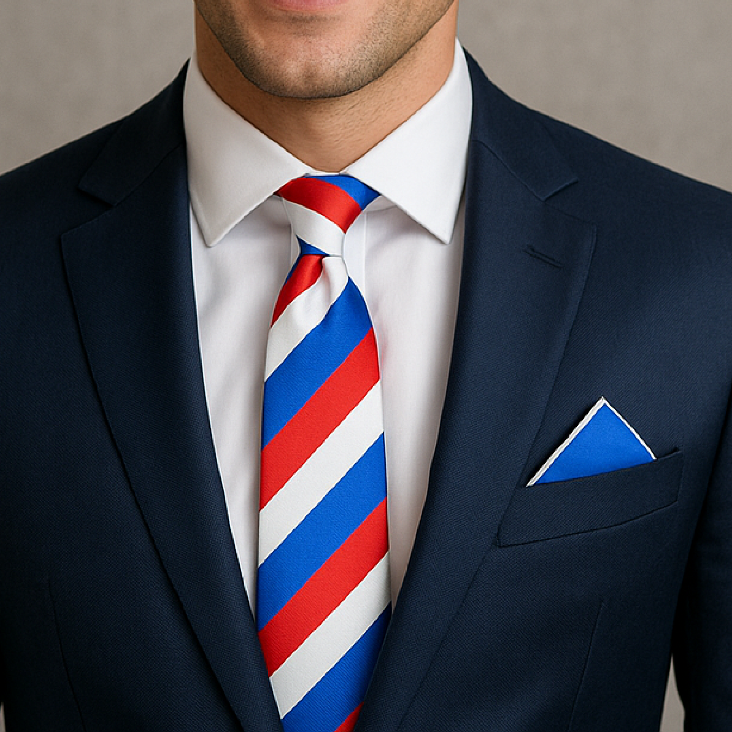 Man wearing a navy suit with a red, white, and blue striped tie and matching pocket square.