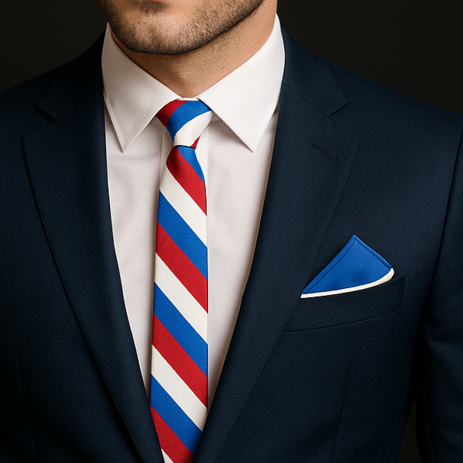 Man wearing a navy suit with a white shirt, red and blue striped tie, and blue pocket square.
