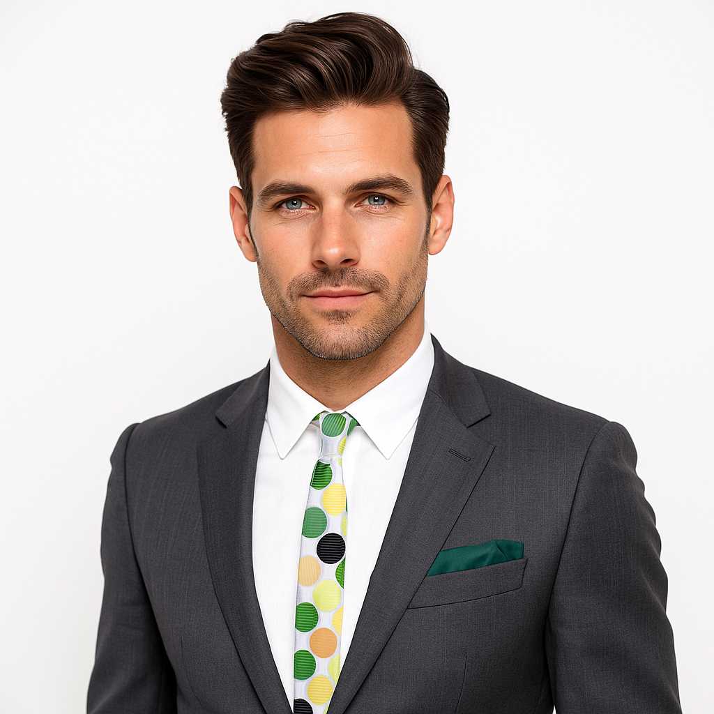 Man wearing a gray suit with a colorful tie and green pocket square on a white background
