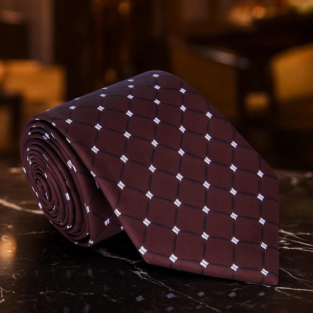 Brown tie with white diamond pattern on a dark surface
