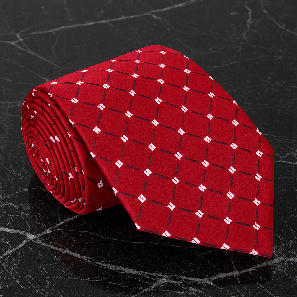 Red tie with white geometric pattern on a black marble surface